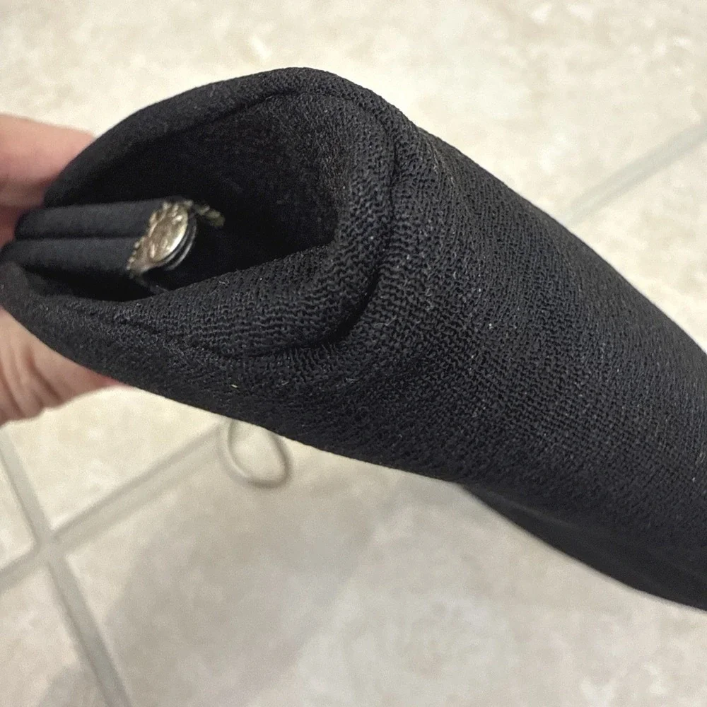 Vintage Black Twill Evening Clutch Bag Silver‎ Rose Clasp Snake Chain Strap